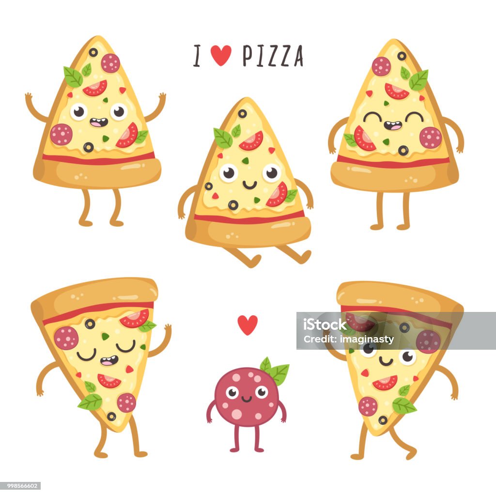 Illustrations of cute cartoon pizza slices. Kawaii vector characters in different poses. Isolated on white Pizza stock vector