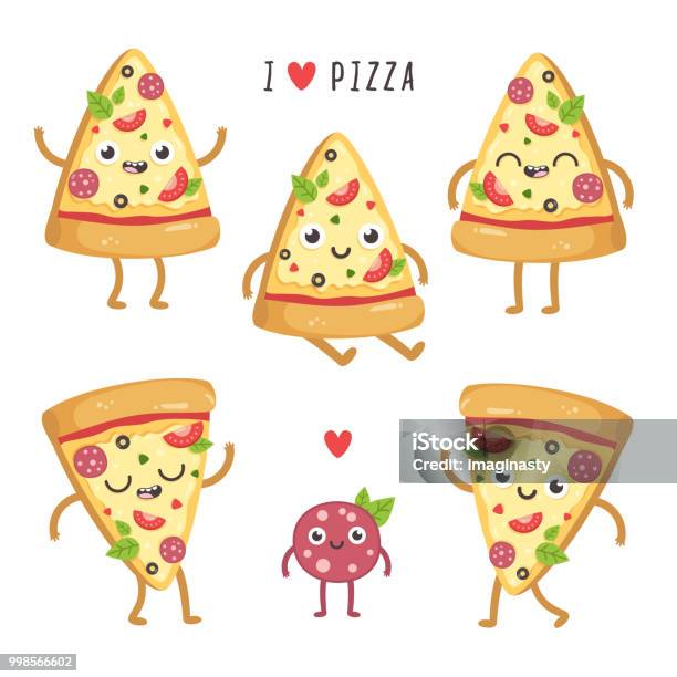 Illustrations Of Cute Cartoon Pizza Slices Stock Illustration - Download Image Now - Pizza, Party - Social Event, Vector