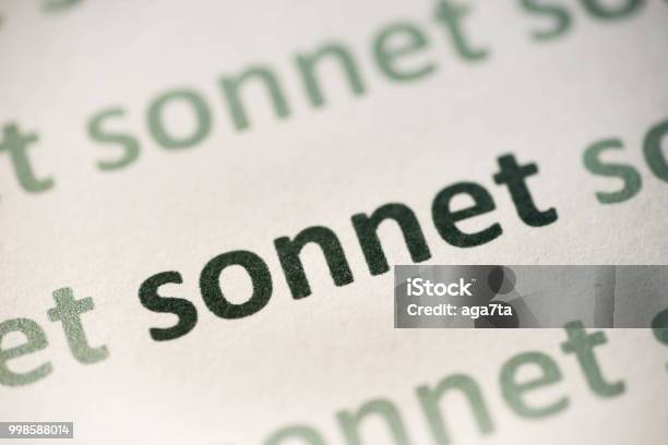 Word Sonnet Printed On Paper Macro Stock Photo - Download Image Now - Abstract, Alphabet, Black Color
