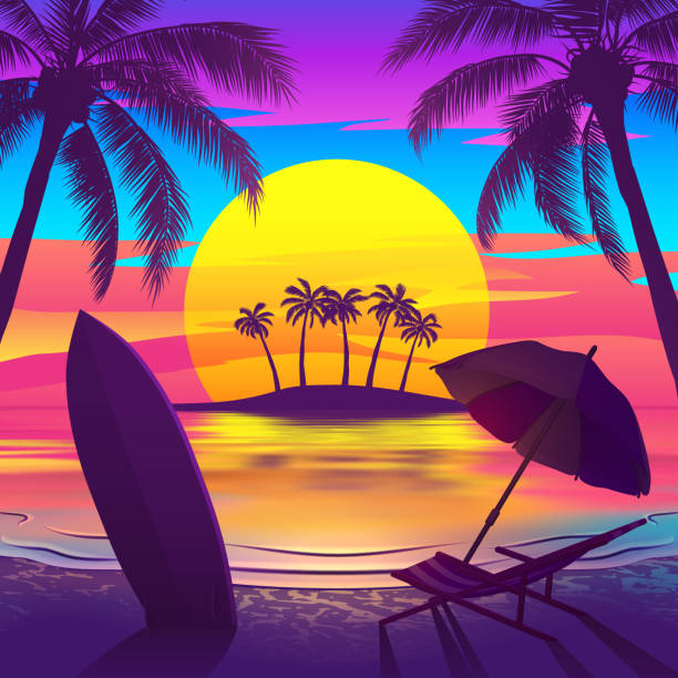 Tropical Beach at Sunset with Island Tropical beach at sunset with palm trees, chaise longue, surfboard and island on the horizon. Vector illustration of EPS10 with bright colors. hawaii islands illustrations stock illustrations