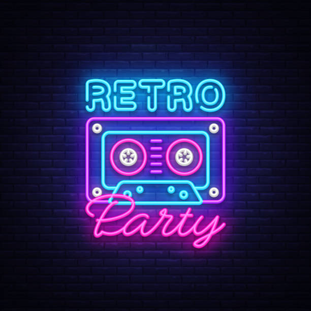 illustrazioni stock, clip art, cartoni animati e icone di tendenza di poster al neon del partito retrò, biglietto o invito, modello di design. cassette registratore a nastro retrò firma al neon, banner luminoso. torniamo agli anni '90. illustrazione vettoriale in stile neon alla moda anni '80-'90 - neon light disco lights illuminated nightlife