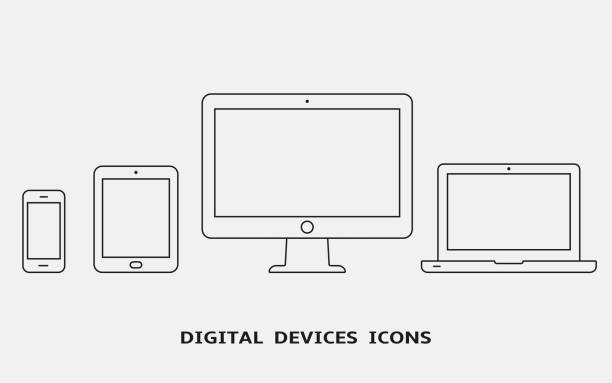 벡터는 윤곽선 장치 아이콘 설정합니다. 모니터, 노트북, 태블릿 pc 및 스마트폰 - digital tablet visual screen vector mobile phone stock illustrations
