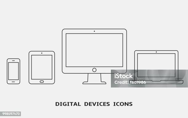 Vetores de Vetor De Um Conjunto De Ícones De Dispositivo De Contorno Monitor Computador Portátil Tablet Pc E Smartphone e mais imagens de Ícone de Computador