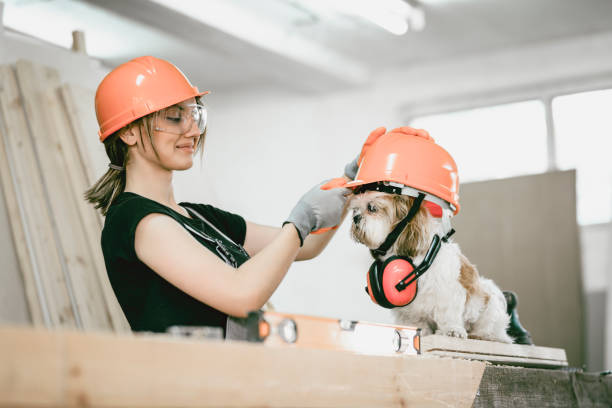 istock Cute Female Carpenter Putting Protective Helmet On Puppy's Head 998599692