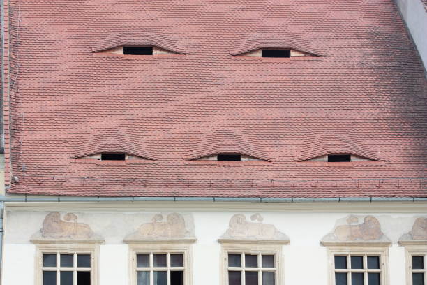 Spectacular romanian roofs with eyes in Transylvania stock photo