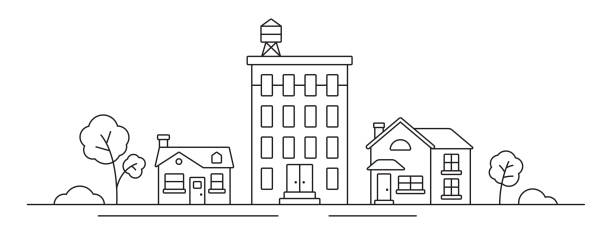 gambar garis pemandangan kota - rumah tempat tinggal ilustrasi ilustrasi stok