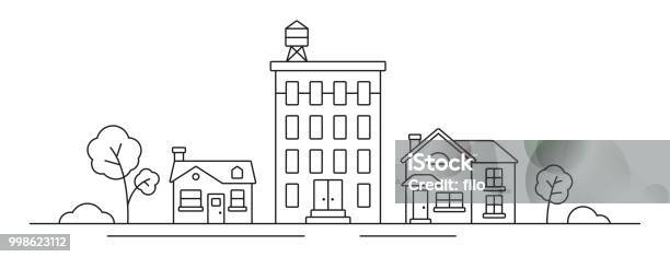 Cityscape Line Drawing Stock Illustration - Download Image Now - House, Line Art, In A Row