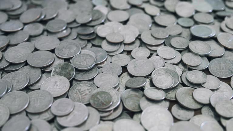 Overhead view of a lot of U.S. coins