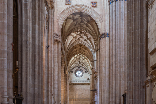 View of the ornate gothic cloister arcade arches of the Catholic Catedral de Santa Maria la Real, 15th Century Gothic Cathedral, Pamplona. Navarre, Spain
