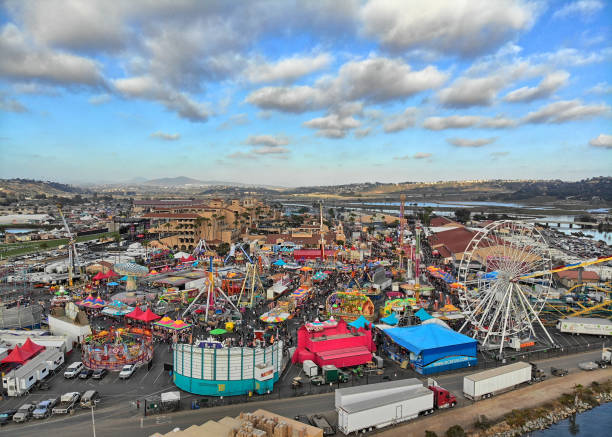 Aerial view of a County Fair Amusement park rides and midway games midway fair stock pictures, royalty-free photos & images