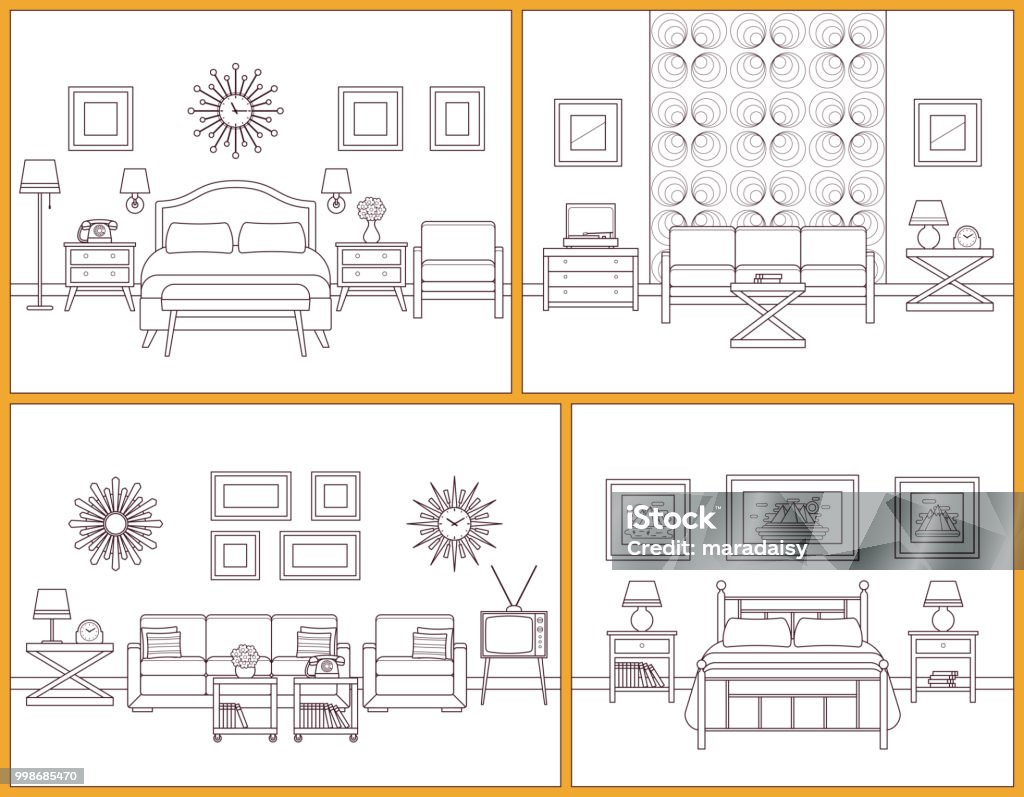 Living room and bedroom interiors. Vector illustration. Living room and bedroom interiors. Vector. Linear rooms with furniture. Retro house scene. Flat line art design home illustration. Set outline sketch. Vintage style. Hotel background with bed and sofa Domestic Room stock vector