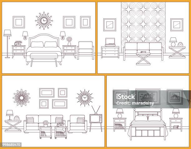 Living Room And Bedroom Interiors Vector Illustration Stock Illustration - Download Image Now