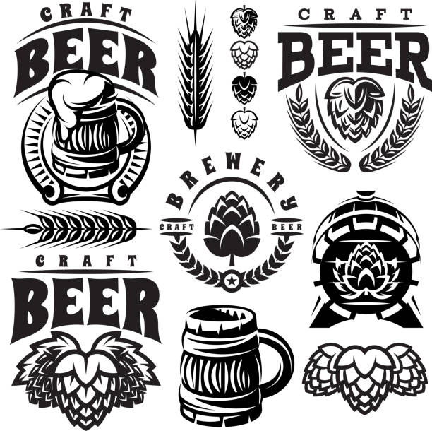 vector monochrome set of illustrations, signs, design elements for design of beer theme. - ilustração de arte vetorial