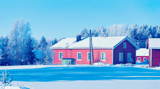 casa y bosque de invierno nieve en navidad en laponia finlandia - cabin snow finland lapland fotografías e imágenes de stock