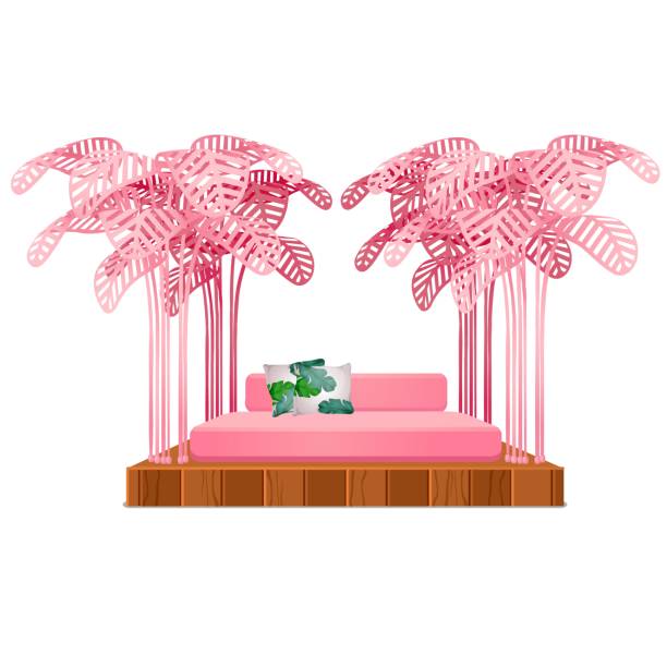 niedliche rosa bett mit dekor form eines rahmens der stämme der bäume mit weichen kissen, die isoliert auf weißem hintergrund. vektorgrafik cartoon close-up - nature close up backgrounds botany stock-grafiken, -clipart, -cartoons und -symbole