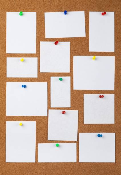 Bulletin board. Blank Notes with Pins bulletin board stock pictures, royalty-free photos & images