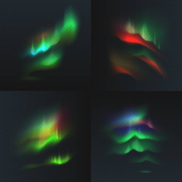 ilustracja wektorowa stockowa zestaw świateł zorzy polarnej i polarne izolowane na przezroczystym tle w kratkę. burze magnetyczne. aurora borealis. eps 10 - vibrant color checked backgrounds multi colored stock illustrations