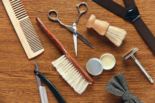 istock Barber Equipment And Tools On Wood Table 998712598