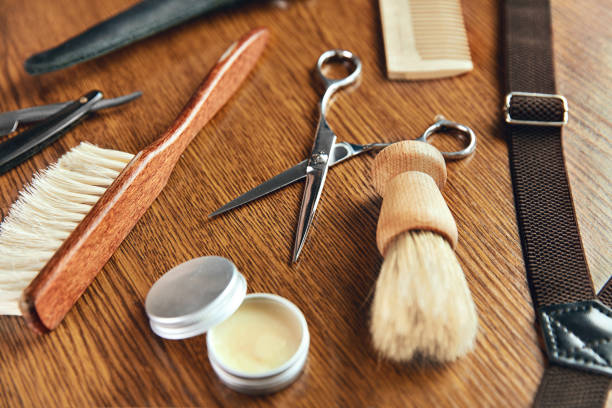istock Barber Equipment And Tools On Wood Table 998712666