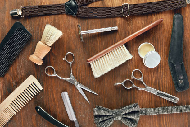 istock Barber Equipment And Tools On Wood Table 998716408