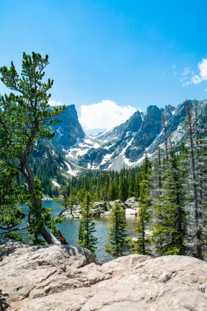 Beautiful lake in Colorado mountains. Beautiful lake in the mountains. Early summer landscape with snow covered mountains.  Hallett Peak over the Dream Lake, Rocky Mountains National Park, Colorado, USA. hallett peak stock pictures, royalty-free photos & images