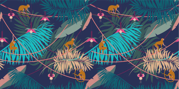 tropischen musterdesign. - liana cartoon bush tropical climate stock-grafiken, -clipart, -cartoons und -symbole
