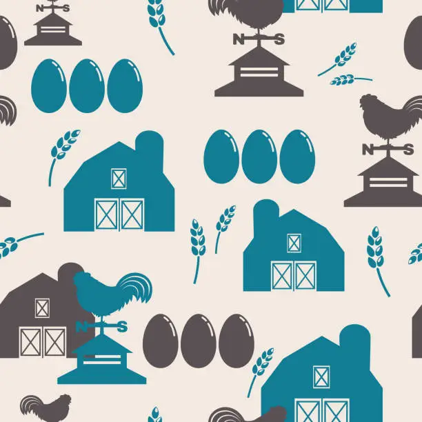 Vector illustration of Flat Design Barns and Roosters Seamless Pattern