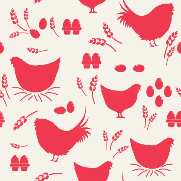 Vector illustration of Flat Design Farm Seamless Pattern. Chickens And Eggs