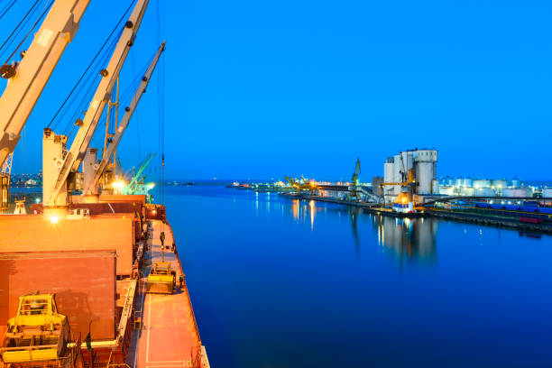 istock Blue summer dusk in sea port 998777378