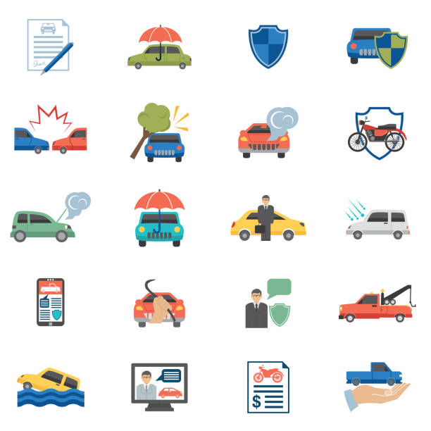 ilustrações de stock, clip art, desenhos animados e ícones de flat design auto insurance icons - car insurance insurance agent damaged