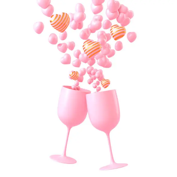 Photo of Love cerebration with champagne. Pink champagne glass with small pink and gold hearts like splash of champagne on white background. 3d illustration rendering.