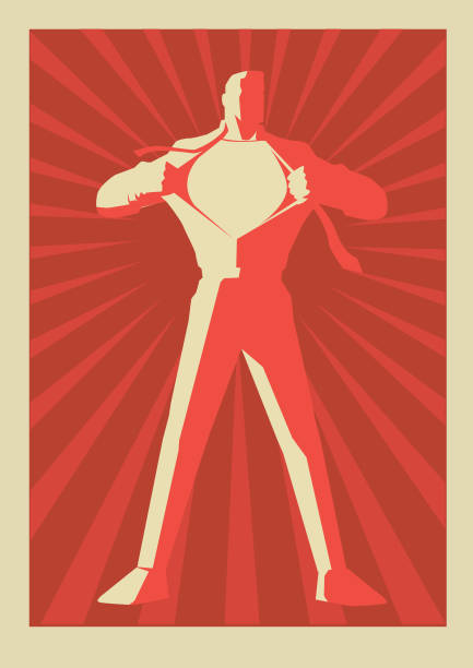 Vector Retro Superhero Transformation Silhouette A retro propaganda style illustration of a man in silhouette ripping his shirt and reveals superhero costume inside. Put your logo or text on the chest. Easy to edit. american propaganda stock illustrations