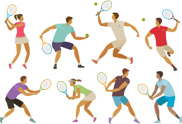 tennisspieler mit tennisschläger. sport-konzept. lustige comic-vektor-illustration - tennis stock-grafiken, -clipart, -cartoons und -symbole