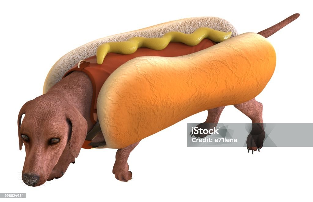 Un En Una Ilustración 3d De Hotdog Aislada Sobre Fondo Blanco Foto de y más banco de de Disfraz de perrito caliente - iStock
