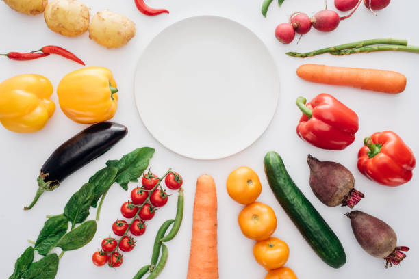 istock top view of empty round plate and fresh organic vegetables isolated on white 998839490