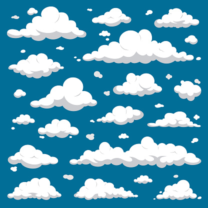 White Clouds isolated on Dark Blue Sky - Cartoon Vector Set