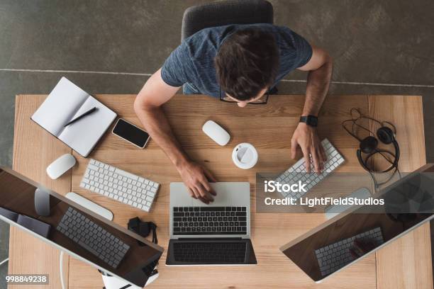 Computer Programmers Table Top View Overhead View Of Programmer Using Computers At Workplace Stock Photo ...
