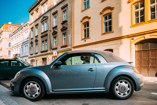 Prague, Czech Republic - September 23, 2017: Side View Of Blue Volkswagen New Beetle Cabriolet Car Parked In Street.