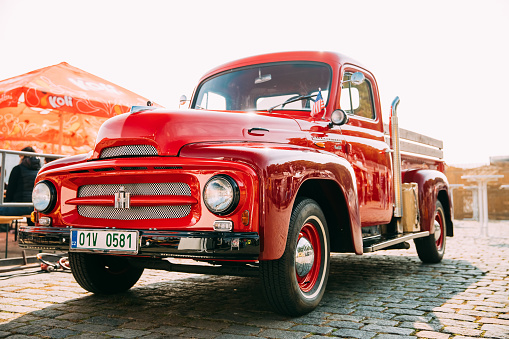 Prague, Czech Republic - September 23, 2017: Front View Of Red International Harvester R-series Truck Parked In Street.