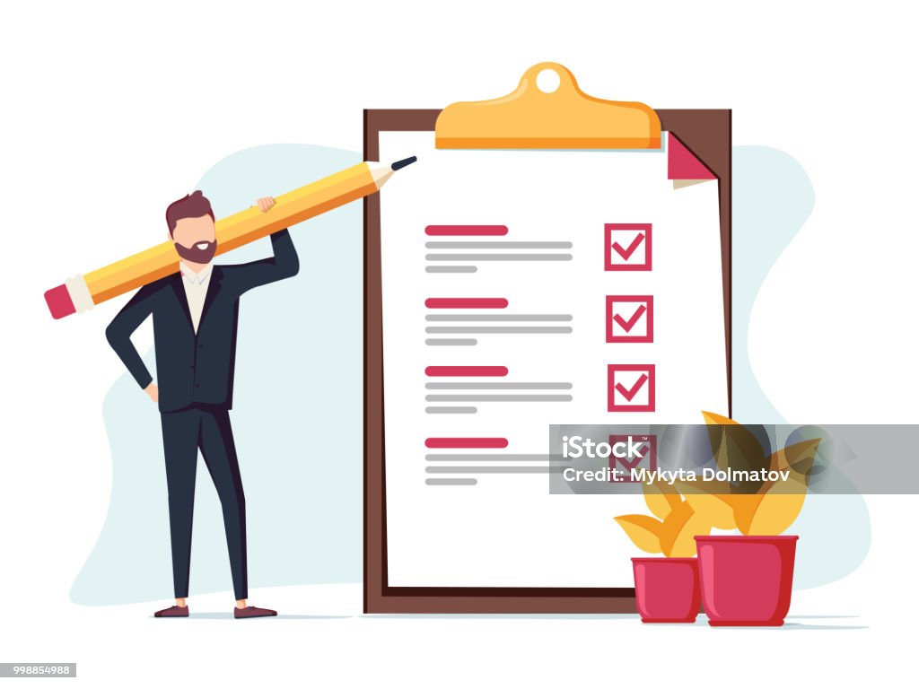 Positive business man with a giant pencil on his shoulder nearby marked checklist on a clipboard paper. Positive business man with a giant pencil on his shoulder nearby marked checklist on a clipboard paper. Successful completion of business tasks. Flat vector illustration. Bsuiness brief, office life Checklist stock vector