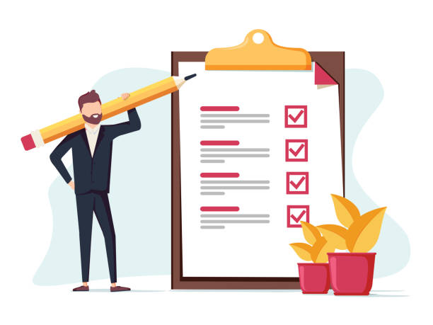 Positive business man with a giant pencil on his shoulder nearby marked checklist on a clipboard paper. Positive business man with a giant pencil on his shoulder nearby marked checklist on a clipboard paper. Successful completion of business tasks. Flat vector illustration. Bsuiness brief, office life chalkboard visual aid illustrations stock illustrations
