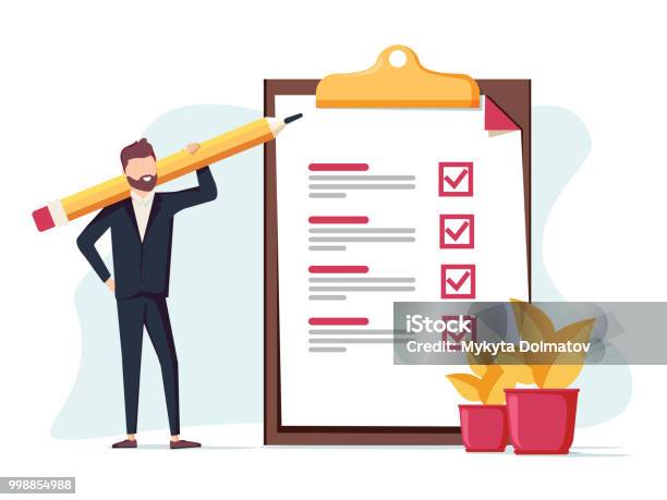 Positive Business Man With A Giant Pencil On His Shoulder Nearby Marked Checklist On A Clipboard Paper Stock Illustration - Download Image Now