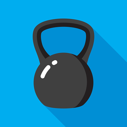 Vector illustration of a black kettlebell against a blue background in flat style.