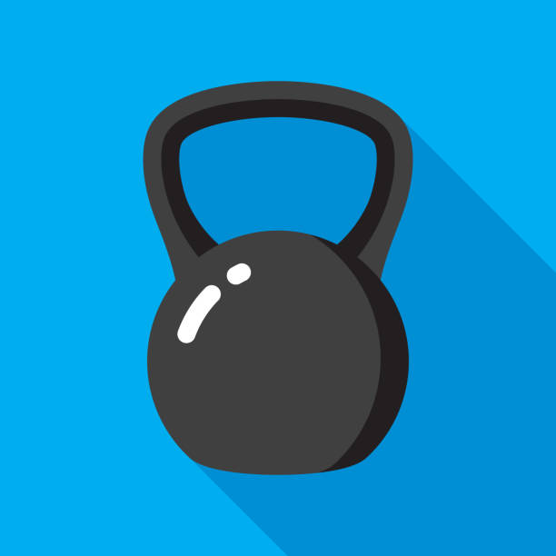 Kettlebell Icon Flat Vector illustration of a black kettlebell against a blue background in flat style. dumbbell stock illustrations