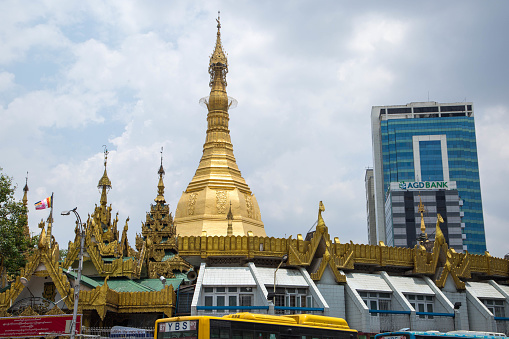 The historic Sule Pagoda in downtown Yangon, located in the centre of a roundabout on Sule Pagoda Road.