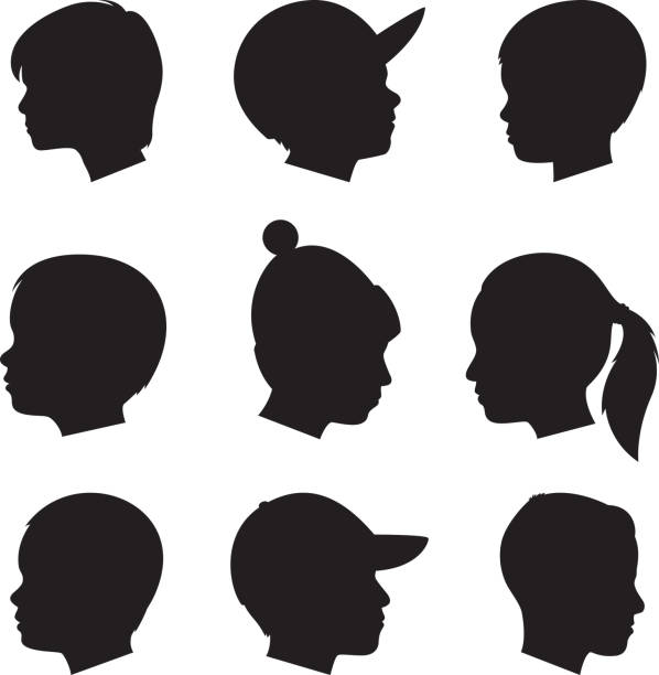 ilustraciones, imágenes clip art, dibujos animados e iconos de stock de siluetas de perfil de los niños - silhouette back lit little boys child