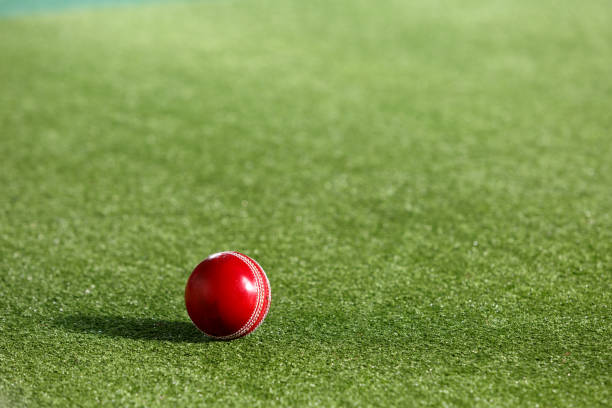 Cricket Ball and Artificial Turf Cricket ball and artificial turf at indoor cricket practice nets and stumps batsman photos stock pictures, royalty-free photos & images