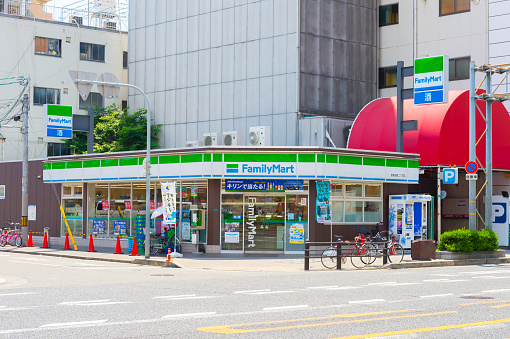 Osaka, JAPAN - CIRCA June, 2018:FamilyMart (one word) convenience store is the third largest in 24 hour convenient shop market, after Seven Eleven and Lawson.