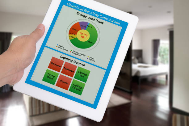 istock Household electricity consumption control system show on digital tablet in someone hand. 998865956