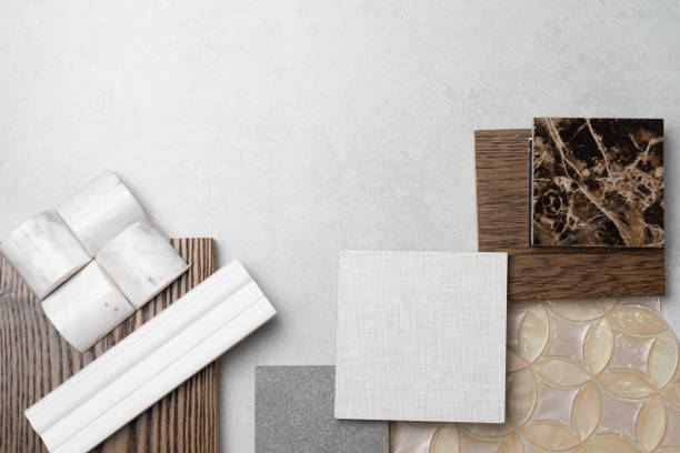 istock samples of material, wood , on concrete table.Interior design select material for idea. 998879148
